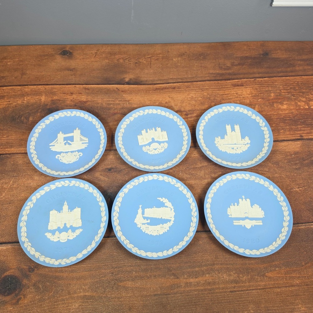 Wedgwood Christmas Plates Set 6 1975-1980 Blue Excellent Jasperware London